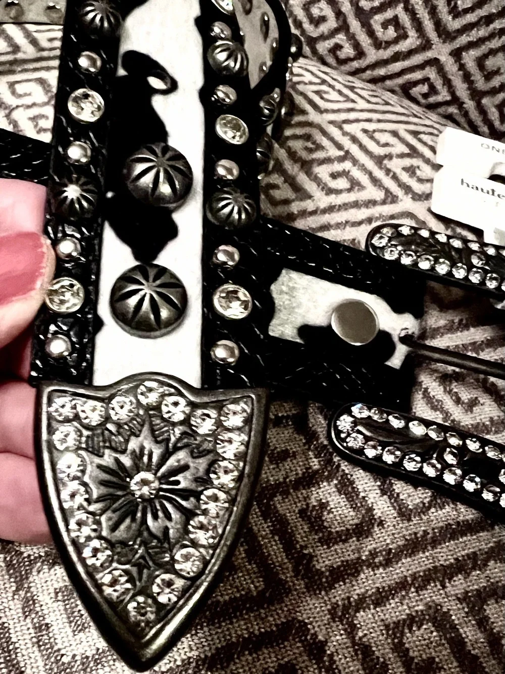 NEW Haute Hippie Black and White Studded Leather Belt with Crystal Buckle.